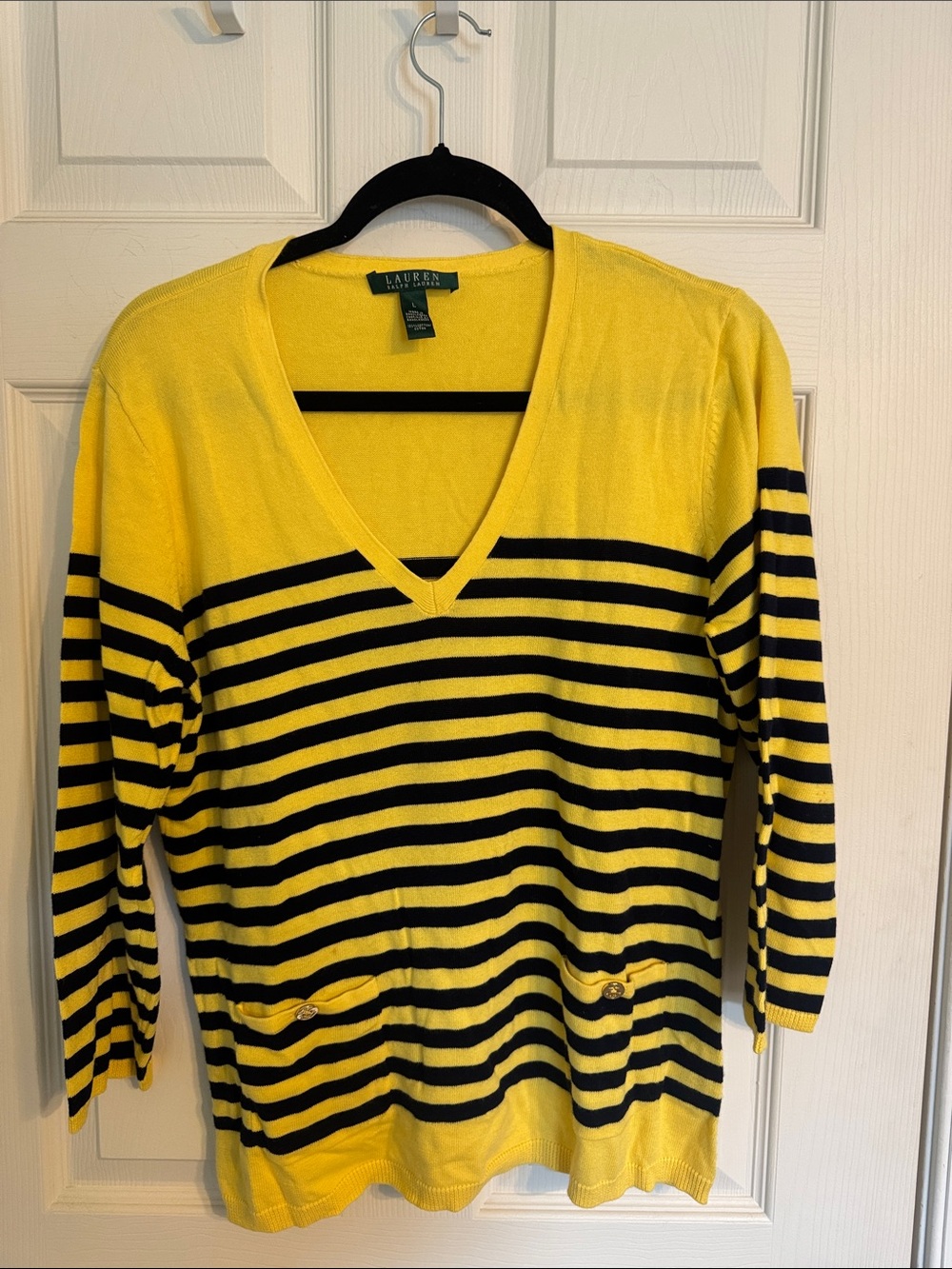 Lauren Ralph Lauren Yellow & Black Striped V-Neck Sweater